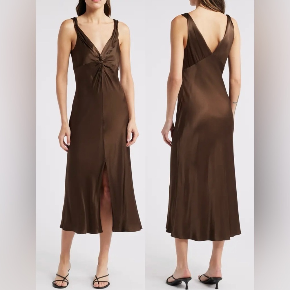 Rails Brown Satin Twist-Front Slip Dress